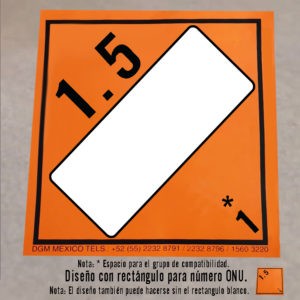 Cartel de estireno. Riesgo clase 1 Explosivos. División 1.5. Con rectángulo para número ONU.