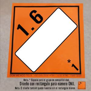 Cartel de adhesivo vinil. Riesgo clase 1 Explosivos. División 1.6. con rectángulo para número ONU.