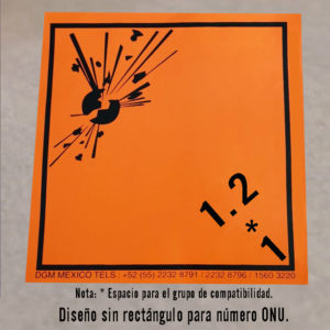 Cartel de adhesivo vinil. Riesgo clase 1 Explosivos. División 1.2. sin rectángulo.