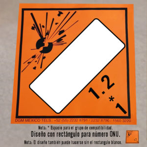 Cartel de adhesivo vinil. Riesgo clase 1 Explosivos. División 1.2. con rectángulo para número ONU.